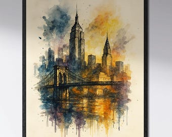 New York City Aquarell-Wandbild, Skyline von Empire State Building und Brooklyn Bridge, NYC-Reisedeko für Zuhause oder Büro