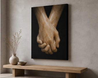 May include: A square canvas wall art piece featuring a high-contrast depiction of two light-toned, marble-textured hands clasped together against a solid black background. The hands are positioned vertically, showing detailed skin texture and veins.