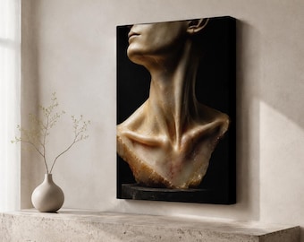 May include: A rectangular wall art print featuring a close-up sculpture of a human neck and shoulders. The bust is rendered in a warm, translucent amber-toned material with visible muscle definition, set against a stark, solid black background.