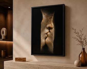 Kissing Faces Wall Art Print, Abstract Couple Sculpture Decor, Romantic Human Connection Artwork, Dark Figurative Art for Bedroom
