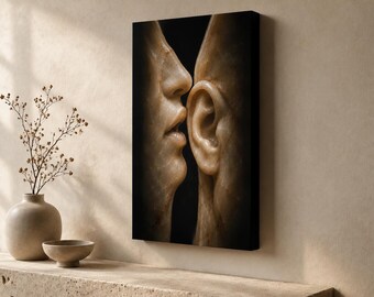 May include: A rectangular canvas wall art print featuring a close-up, high-contrast image of a mouth whispering into an ear. The sculpture-like figures are rendered in warm, amber-toned hues against a deep black background, creating a dramatic effect.