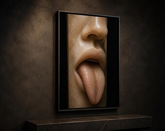 May include: A framed wall art piece featuring a vertical, close-up depiction of a human nose, mouth, and tongue. The skin tones are rendered in warm, beige, and tan hues with a smooth, polished texture. The artwork is set against a solid black background.
