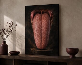 May include: A rectangular wall art print featuring a detailed, textured human tongue centered against a dark, moody background. The tongue is positioned vertically, resting on a circular wooden base, with a deep red and pink color palette.