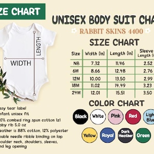 May include: A white baby bodysuit with a size chart and color chart. The size chart shows measurements in inches for width, length, and sleeve length. The color chart displays various colors including black, white, pink, and red.