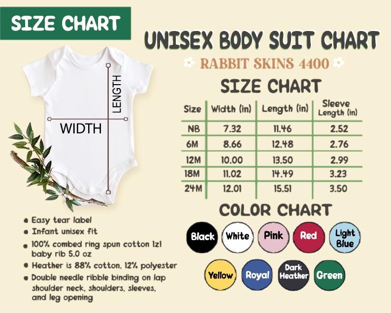 May include: A white baby bodysuit with a size chart and color chart. The size chart shows measurements in inches for width, length, and sleeve length. The color chart displays various colors including black, white, pink, and red.