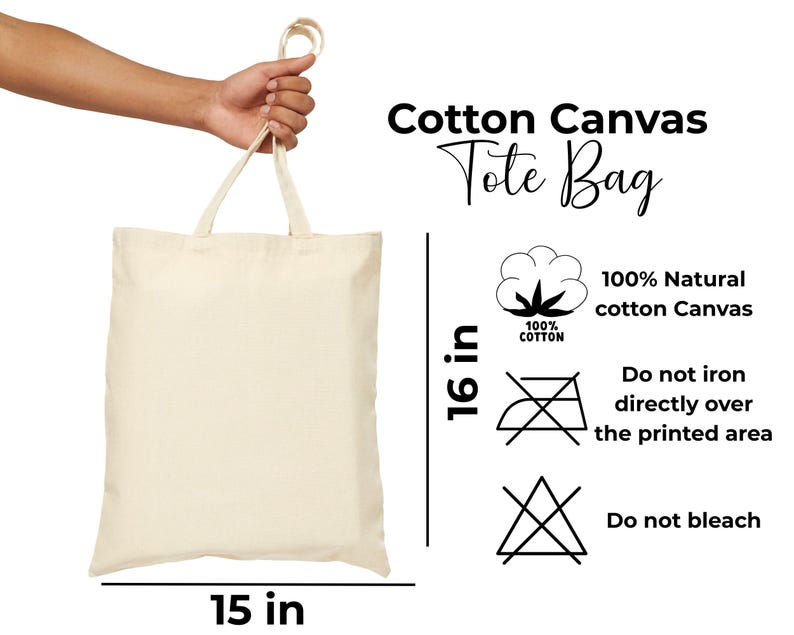 May include: A plain off-white cotton canvas tote bag with two handles. Text reads: Cotton Canvas Tote Bag, 100% Natural cotton Canvas, 100% COTTON, Do not iron directly over the printed area, Do not bleach. Dimensions are 16 inches by 15 inches.
