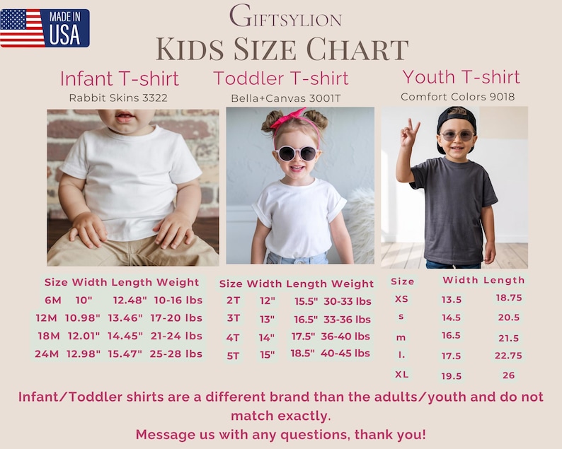 Puede incluir: Una tabla de tallas para ni&ntilde;os de Giftsylion, con camisetas para beb&eacute;s, ni&ntilde;os peque&ntilde;os y j&oacute;venes. La tabla incluye medidas de talla, ancho, largo y peso. El texto "MADE IN USA" est&aacute; en la esquina superior izquierda.