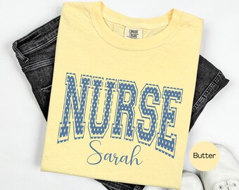 Custom Nurse Comfort Colors® Shirt Blue Polka Dots Nurse Tee Cottagecore Aesthetic Nurse TShirt PICU Healthcare Worker Gift RN Nurse T-Shirt