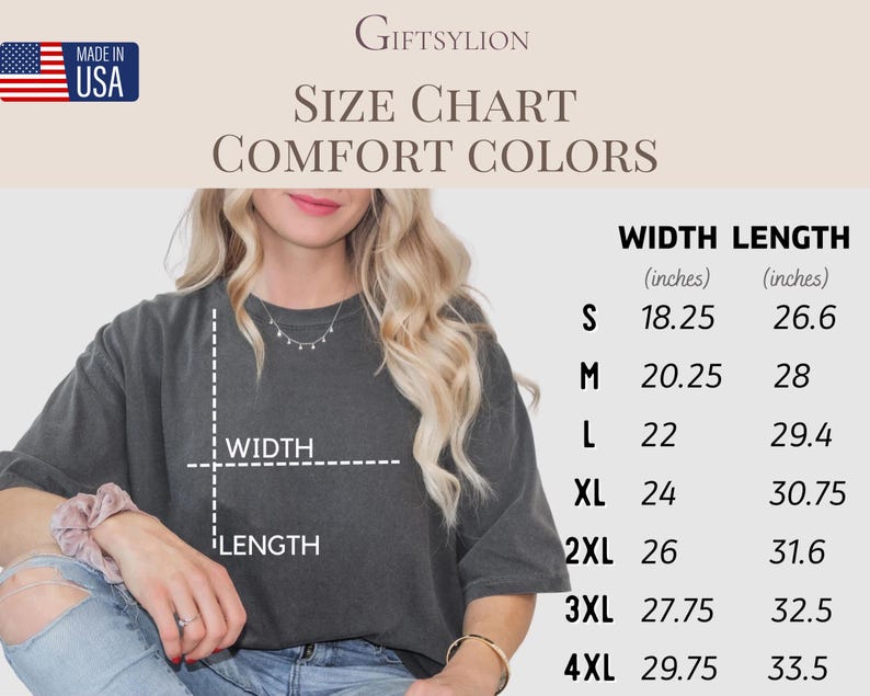 Puede incluir: Una tabla de tallas para camisetas Comfort Colors, con medidas en pulgadas. La tabla incluye tallas de la S a la 4XL, con las medidas correspondientes de ancho y largo. La imagen tambi&eacute;n presenta el texto "MADE IN USA" y el nombre de la marca "GIFTSYLION".