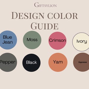 Może przedstawiać: Wzornik kolor&oacute;w zatytułowany GIFTSYLION zawierający osiem okrągłych pr&oacute;bek kolor&oacute;w z etykietami Blue Jean, Moss, Crimson, Ivory, Pepper, Black, Yam i Espresso. Tabela przedstawia te opcje kolorystyczne w dw&oacute;ch rzędach po cztery.