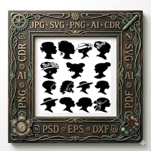 16 Vintage Female Bust Silhouettes - Elegant Lady Profiles - Victorian & Retro Style - Cameo Designs, Laser Engraving, Salon Wall Art