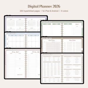Könnte beinhalten: Digitaler Planer 2026, dargestellt auf mehreren Tablets. Der Planer enthält Kalenderseiten, Gewohnheitstracker und Tagespläne. Der Text weist auf 293 Hyperlink-Seiten hin, kompatibel mit iPad und Android, in 6 Farben.