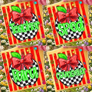 May include: A square fabric item featuring a red and yellow striped background with a central black and white checkered apple graphic. The apple is topped with a large red bow and a pencil. Text options include Teacher, SPED, Para, or Counselor.