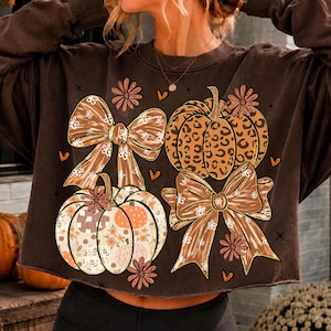 Op de afbeelding: Een donkerbruin sweatshirt met lange mouwen en een grafische print van twee pompoenen en twee strikken. De ene pompoen heeft een luipaardprint, terwijl de andere een bloemmotief heeft. Kleine bloemen en hartjes zijn rond de afbeeldingen verspreid.
