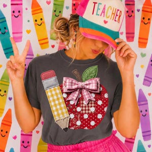 Faux Quilt Teacher Apple Png, Patchwork Pencil Sublimation Design, Coquette Bow Back to School Graphic, Teacher Shirt, Instant Download