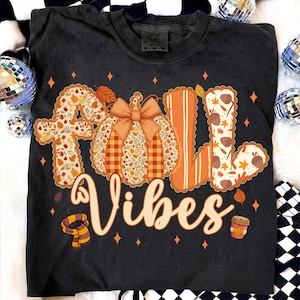 May include: A charcoal gray t-shirt featuring a graphic with the text "fall Vibes". The design includes a large pumpkin with a bow, autumn leaves, acorns, a striped scarf, and a coffee cup, all rendered in orange, brown, and cream color tones.