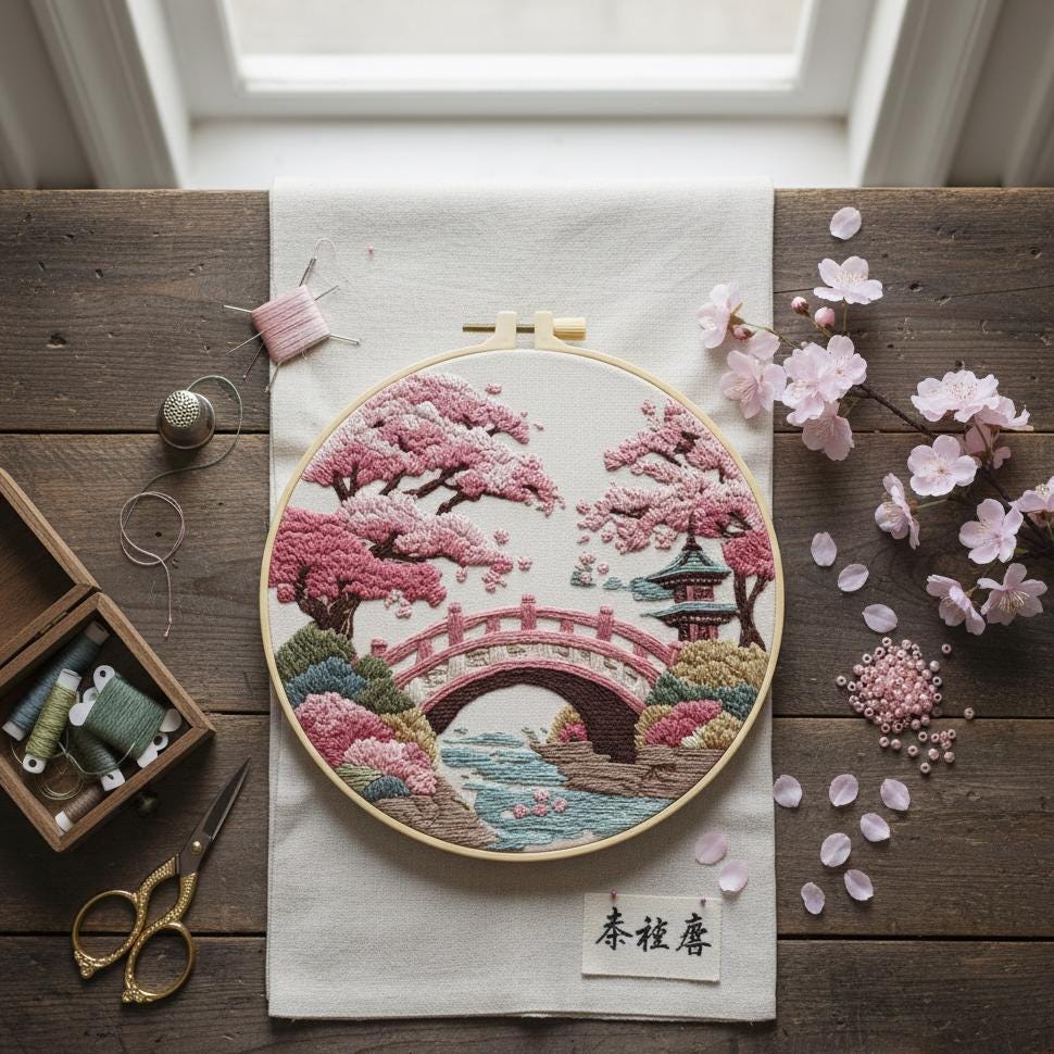 Japanese Bridge Cherry Blossom Embroidery Kit – Beginner DIY Hand ...