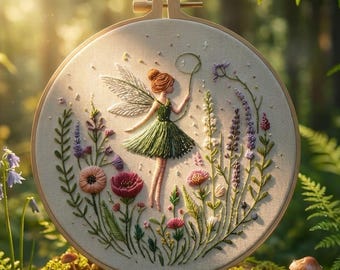 Könnte beinhalten: Gesticktes Feen-Hoop-Art. Ein skurriles Design zeigt eine Fee in einem grünen Kleid mit Flügeln, umgeben von bunten Blumen und Blättern. Das Kunstwerk ist vor einem natürlichen Hintergrund platziert und schafft eine charmante, handgefertigte Ästhetik.