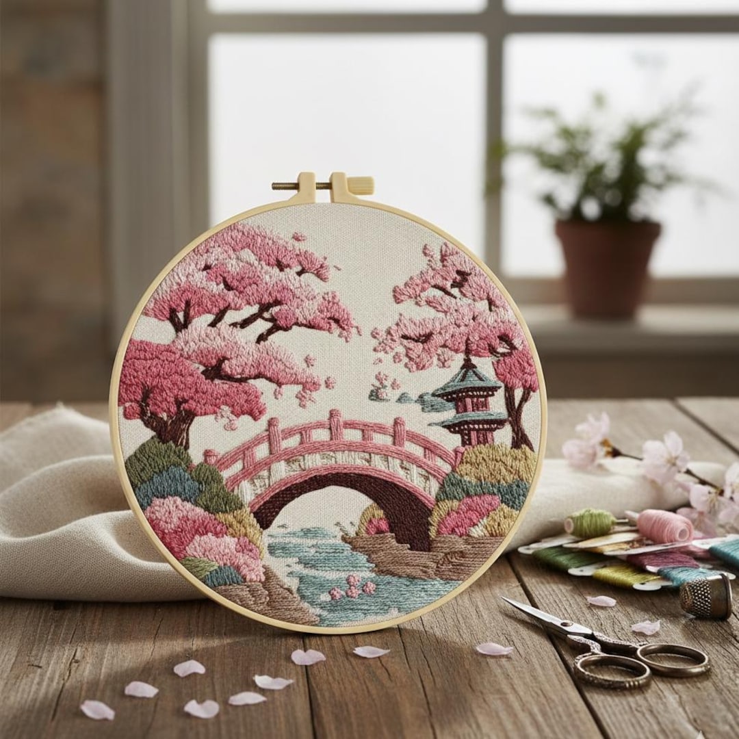 Japanese Bridge Cherry Blossom Embroidery Kit – Beginner DIY Hand ...