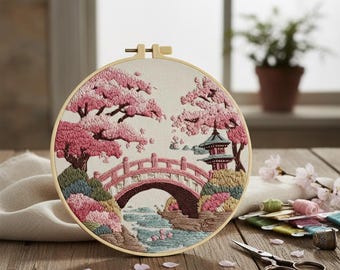 Kit de bordado de flor de cerezo con puente japonés: kit de puntada a mano para principiantes
