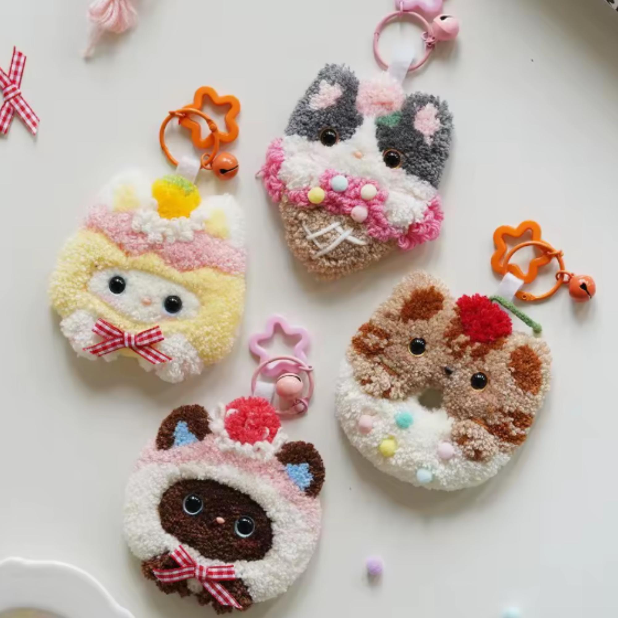 猫のパンチニードルキット - 初心者向けDIYキーホルダー刺繍クラフト 
