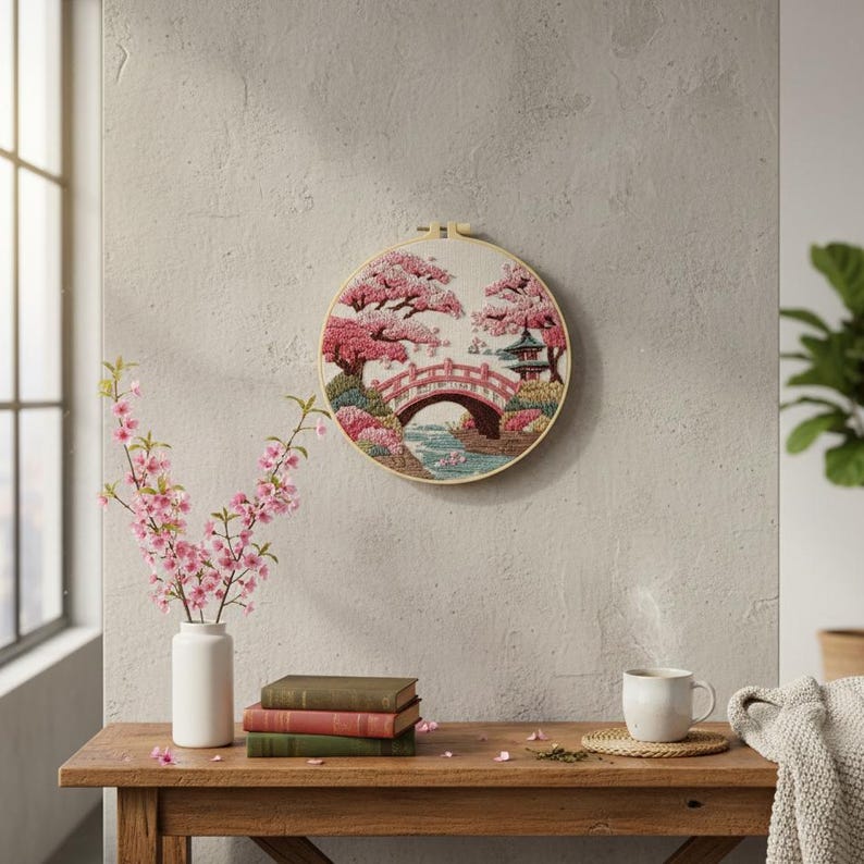 Japanese Bridge Cherry Blossom Embroidery Kit – Beginner DIY Hand ...
