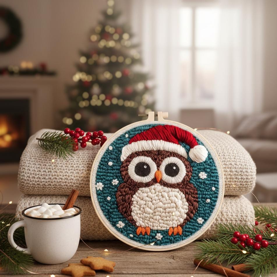 Christmas Owl Punch Needle Kit &ndash; Beginner DIY Embroidery Starter Set, Animal Pattern