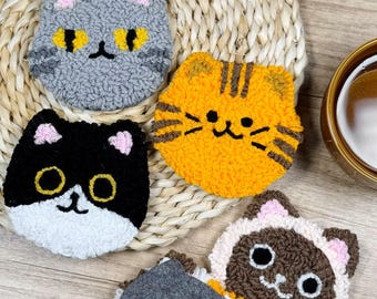 Punch Needle Coaster Kit – DIY Cat Embroidery Set, 6 Pieces, Handmade Felt & Thread Craft, Unique Home Decor Gift