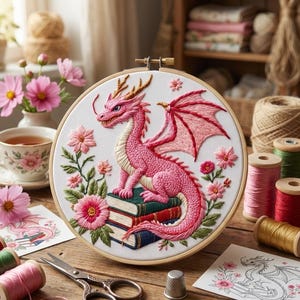 Può includere: Ricamo su telaio raffigurante un drago rosa su libri, circondato da fiori rosa. Il drago ha ali dettagliate e corna dorate. Il ricamo è in un telaio di legno, con rocchetti di filo e una tazza da tè sullo sfondo.
