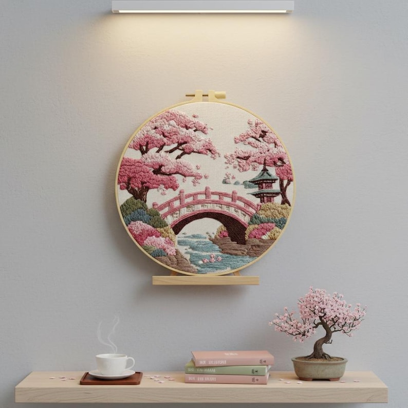 Japanese Bridge Cherry Blossom Embroidery Kit – Beginner DIY Hand ...