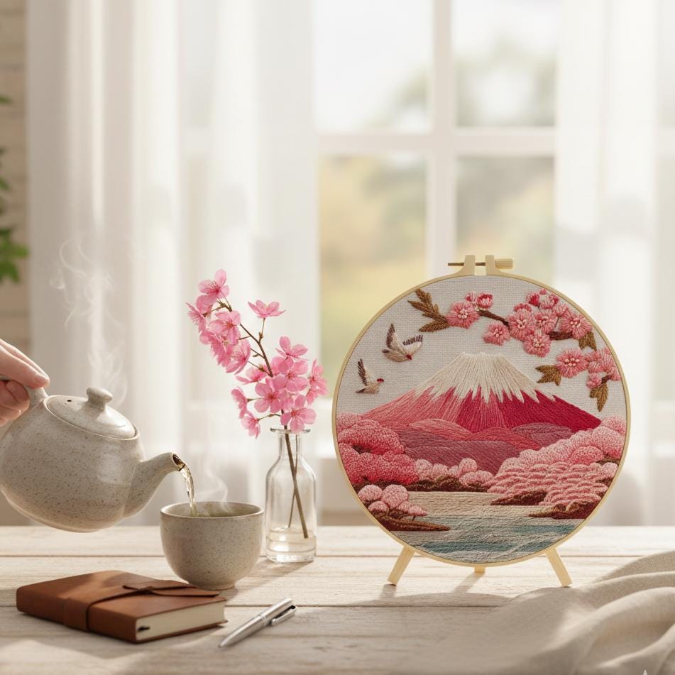 Cherry Blossom Mount Fuji Embroidery Kit – Beginner DIY Hand Stitch Set ...