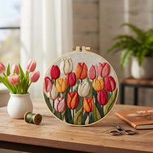 Può includere: Un telaio da ricamo rotondo con un design di tulipani colorati. I tulipani sono in tonalità di rosso, arancione, giallo, rosa e bianco, con foglie verdi. Il telaio è posto su un tavolo di legno, con un vaso di tulipani e una bobina di filo.