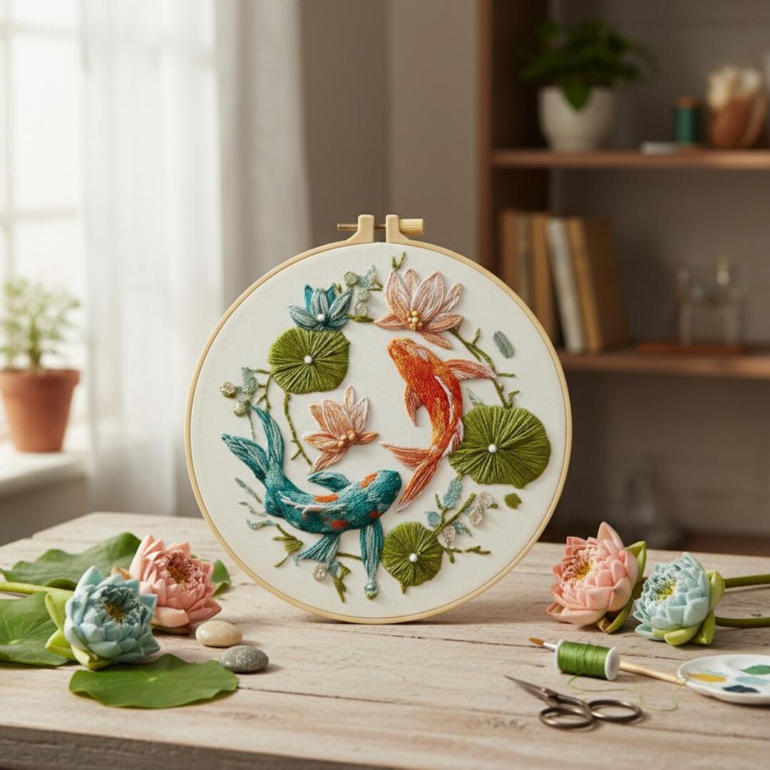 Koi Fish Embroidery Kit for Beginners | Lotus DIY Hand Embroidery - Etsy