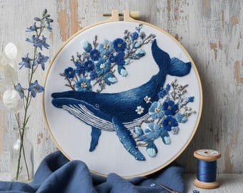 Blue Whale Embroidery Kit – Beginner DIY Hand Stitch Set with Hoop, Home Decor Craft