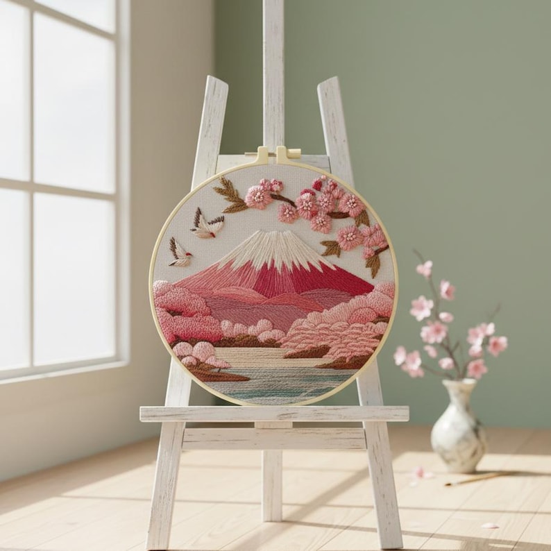 Cherry Blossom Mount Fuji Embroidery Kit – Beginner DIY Hand Stitch Set ...