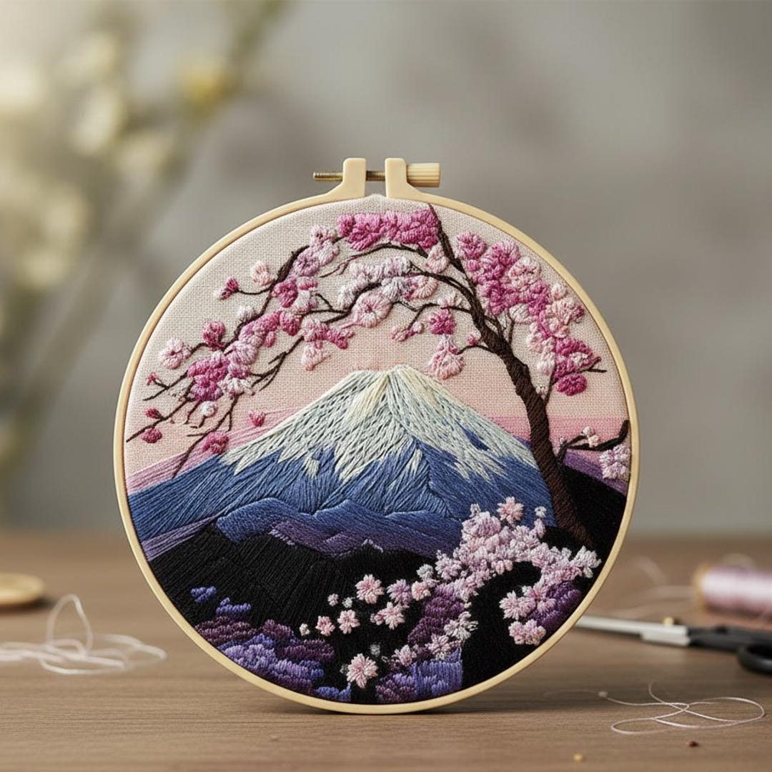 Mount Fuji Embroidery Kit for Beginners | Cherry Blossom Sunset DIY ...