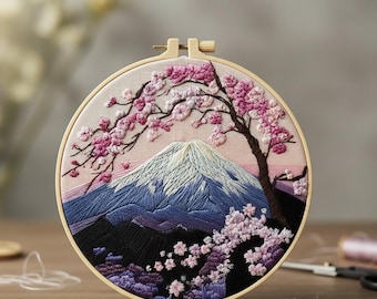 桜と富士山の刺繍フレーム　ハンドメイド 刺繍アート インテリア 富士山刺繍キット - 初心者向け、桜と日本の風景を刺繍枠で描く手刺繍