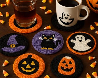 Halloween Punch Needle Coaster Kit – 6 Embroidery Patterns DIY Beginner Craft Set with Tools & Felt