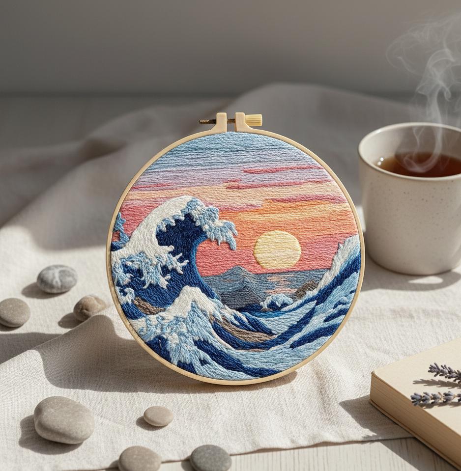 Kit De Broderie Crewel Vintage - Coucher De Soleil Et Montgolfière - 14x18 Cm - Sunset Stitchery USA