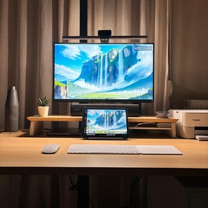 Monitorstandaard - houten bureauplank eiken-walnootfineer, handgemaakte kantoororganizer voor werkruimte