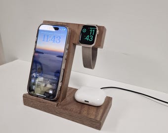 Veneered Walnut 3-in-1 Charging Station, Minimal Desk Organizer Dock