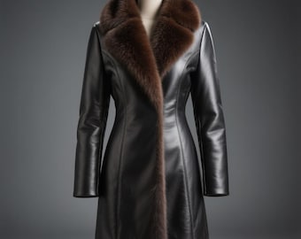Gabardina de lujo de piel negra con cuello de piel sintética / 100% piel auténtica
