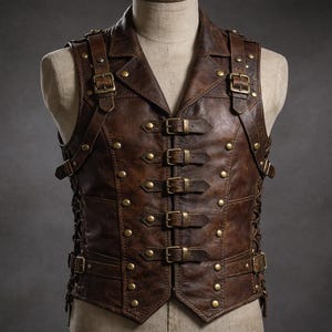 Herr Steampunk Läderväst - Brunt Äkta Läderväst med Slitningar - Renässans Medeltida Piratspänne
