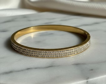 Waterproof Gold Bangle, Stainless Steel CZ Pave Diamond Simulant Cuff, Tarnish Free Stackable Gift