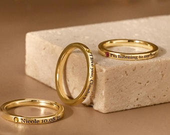 Custom Birthstone Engraved Ring,Dainty Stacking Name Ring,Custom Engraved Skinny Band Ring,Birthday Gift for Her,Christmas Gift,Gift for Mom