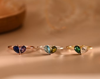 Heart Shaped Birthstone Ring, Minimalist 2 Birthstone Ring, Custom Stacking Ring, Christmas Gifts, Gift for Mom/Mother,Birthday Gift for Her