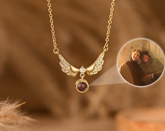 Photo Projection Necklace with Angel Wing,Picture Necklaces,Memorial Photo Pendant,Guardian Angel,Birthday or Memorial Sympathy Gift for Her