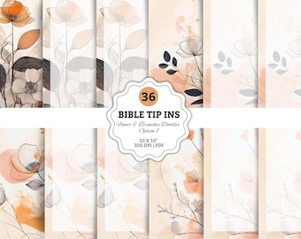 May include: A collection of 36 Bible tip-ins featuring floral and branch doodles in Option 1. The designs include watercolor-style flowers in shades of orange, peach, and brown, with delicate line art. Each tip-in measures 10 x 10 inches.