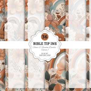 May include: A collection of 36 digital papers with floral and rainbow designs in warm tones. The papers feature flowers, rainbows, and foliage in shades of orange, beige, and teal. The papers are 10 x 10 inches and 300 DPI.