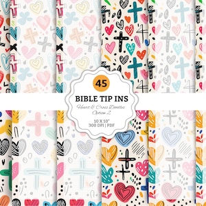 Puede incluir: Una colección de papeles digitales estampados con corazones y cruces en varios colores. Los diseños incluyen elementos dibujados a mano y el texto "BIBLE TIP INS Heart & Cross Doodles Option 2" es visible. Cada papel mide 25.4 x 25.4 cm.